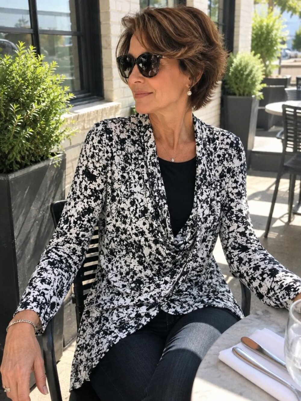 Karen Kane Top M Floral Print Drape Long Sleeve Black White Office Work Career